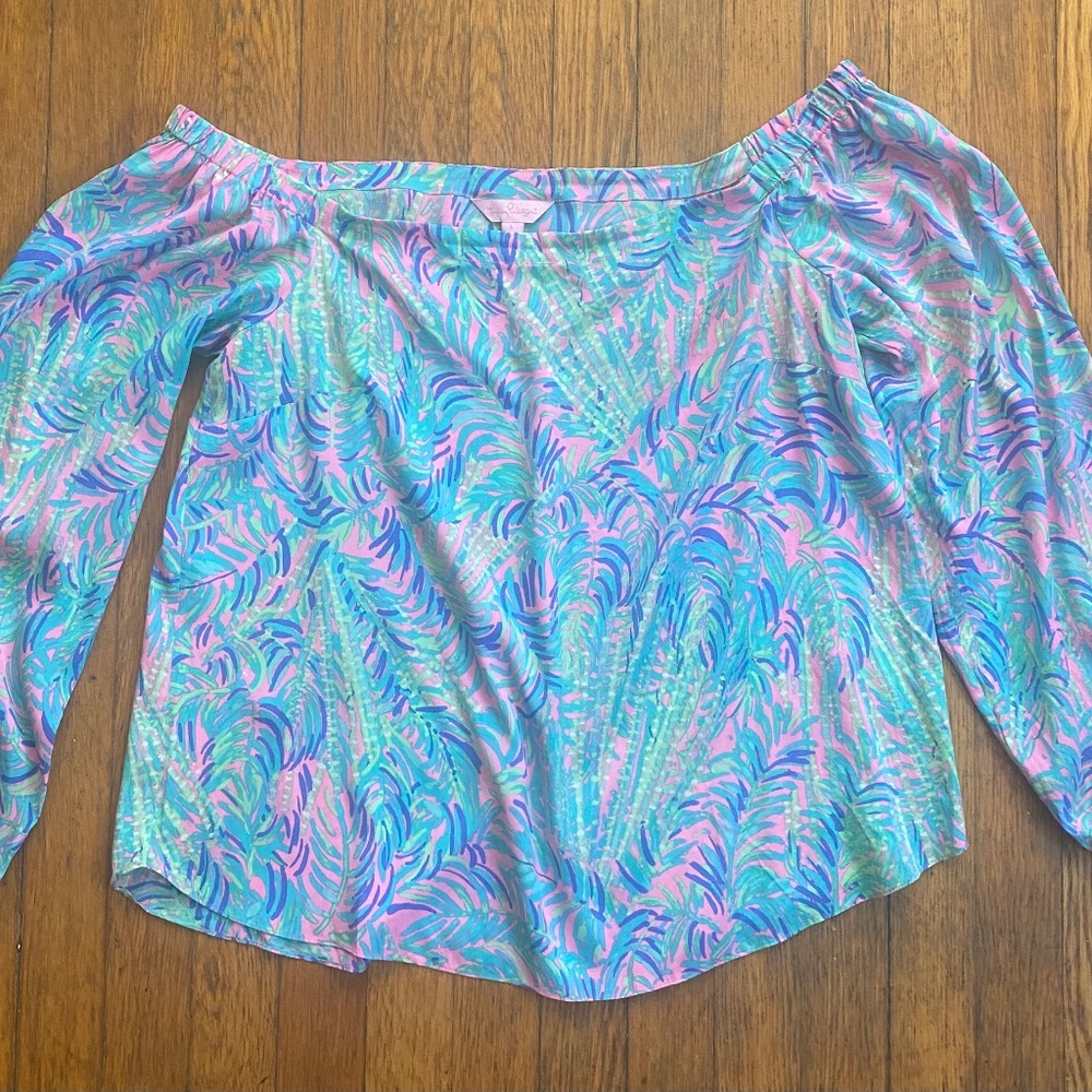 Lily Pulitzer silk off-shoulder blouse, size Large